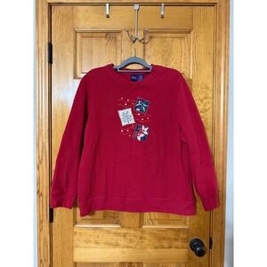 Basic Editions Women's Red Crewneck Sweatshirt Embroidered Tree Holly Size 1X